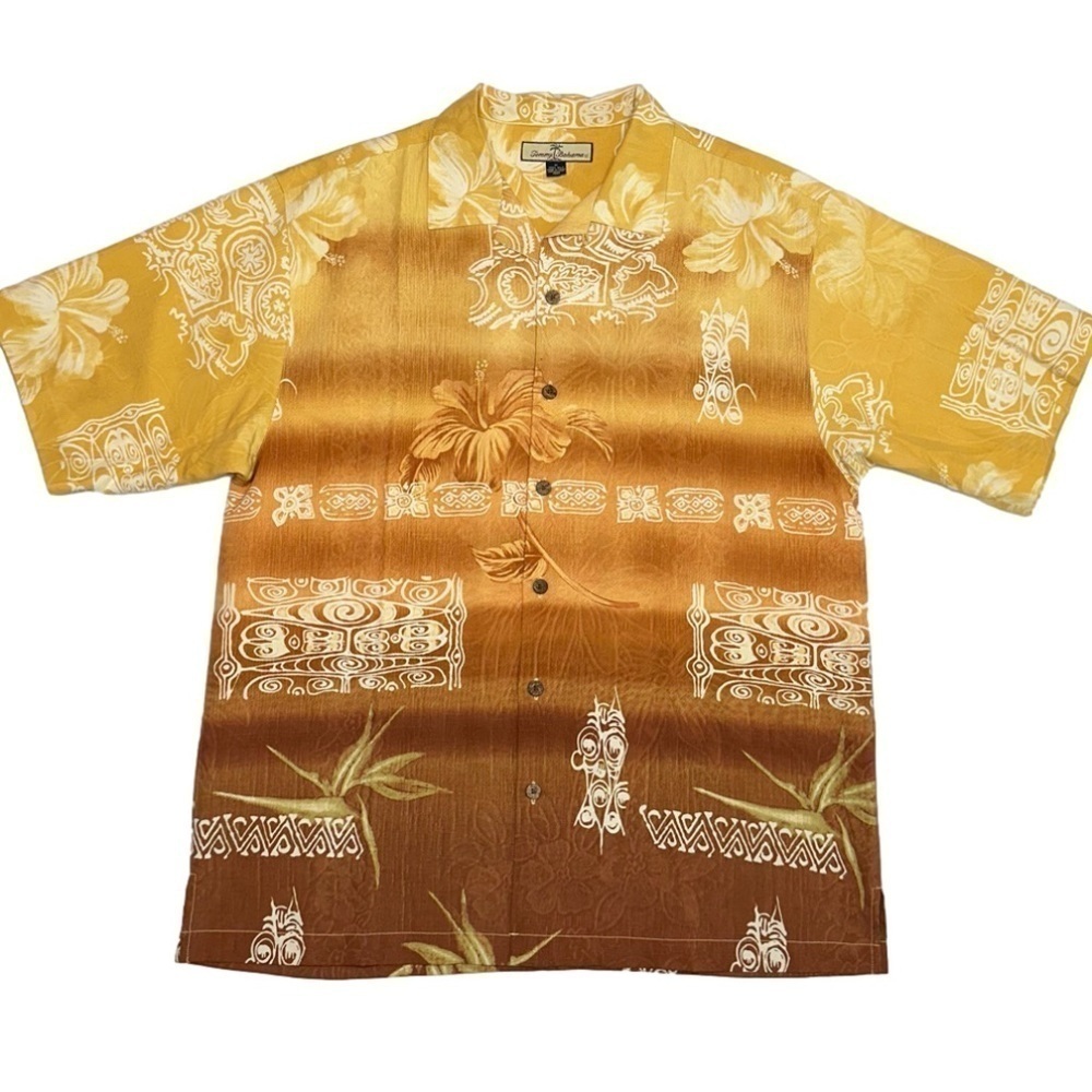 Tommy Bahama Men's Relax Tiki Print Silk Button Up Shirt, Med, Gold Sand Brown